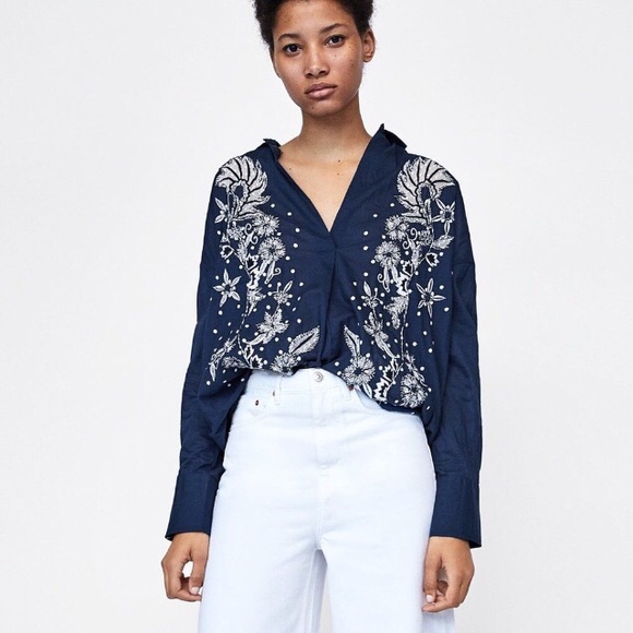 Zara Tops Zara Navy Blue Floral Embroidered Shirt Blouse Poshmark